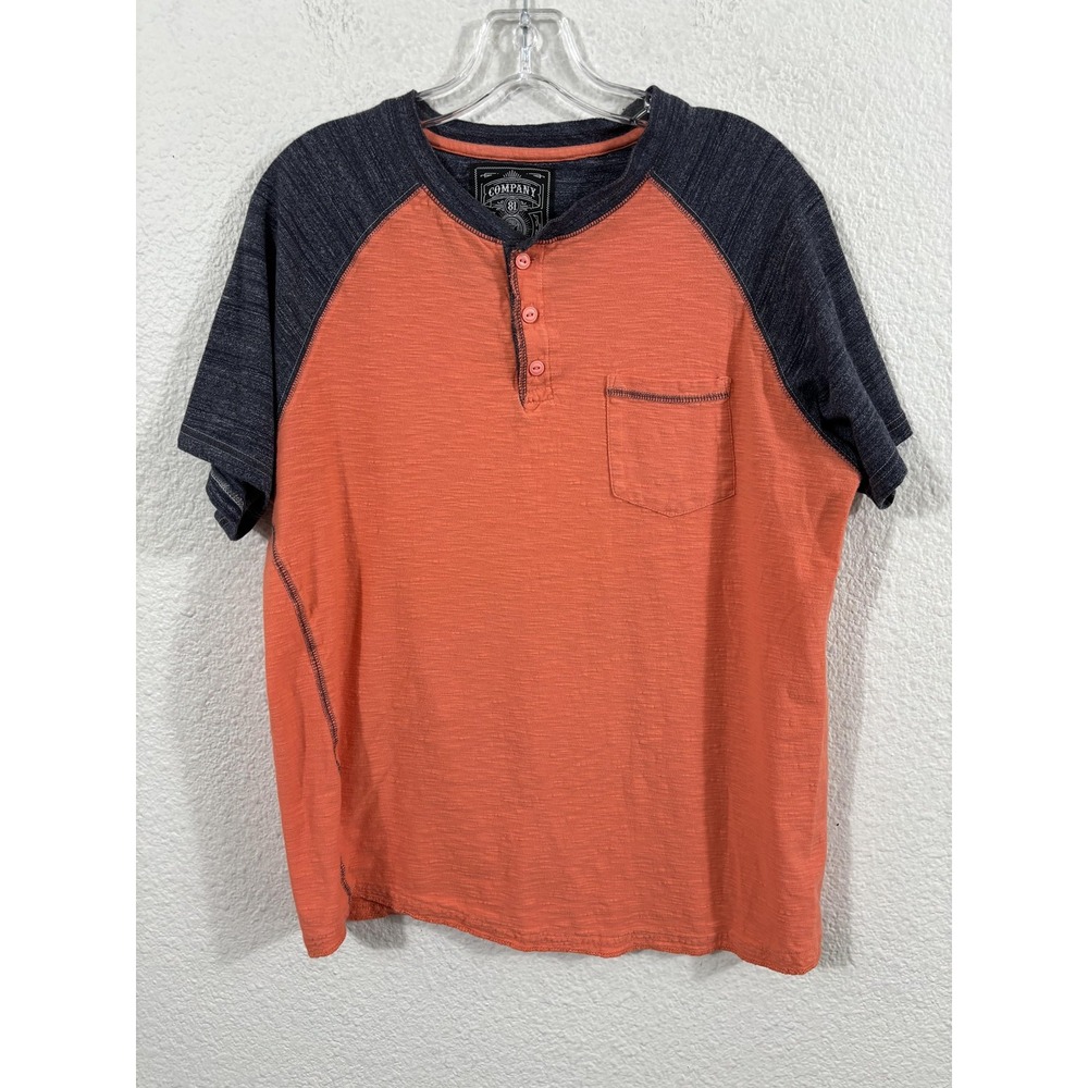 Company 81 Shirt Mens Large Orange Blue Henley Short Sleeve Pocket Raglan Casual
